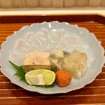 日本料理 かしづき - 虎河豚てっさ　河豚の煮凝り　鮟鱇の肝　ポン酢