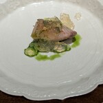 ニシムラ鮨TAKA - ブリ  青菜。
      ライムジュレとバジル