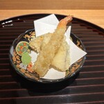 鮨 かうと - 【天婦羅】 海老、鯖、かぼちゃ  (特製濃厚抹茶塩にて)