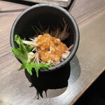 酒菜 竹のした - 酒盗のミョウガ和え600円くらい。酒盗は自家製と思われる。塩辛過ぎない酒盗とシャキシャキした食感のミョウガと混ぜて食べると絶品でした。