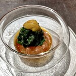 Ji-Cube - 甘海老の紹興酒漬け ほうれん草の胡麻和え 雲丹 湯葉