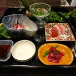 季節のおまかせコース(12000円)・魚庭_４品と山形正宗 夏ノ純米