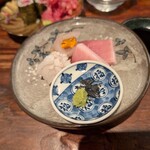 食堂TOMIDORI36 - おまかせ刺身　伝助穴子炙り、平目ウニ巻、大トロ