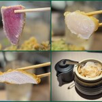 レア天丼 銀座 三よし - 海鮮レア天丼のバチ鮪赤身天・合盛のホタテ天・合盛の鶏天・ガリ