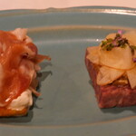 filo - ポレンタのフリット　甲子柿とストラチャテッラ、ハモンセラーノ添え　津島の鹿パテ、りんごとナッツのインサラータ