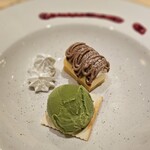 鮨やまけん - デザート  栗のケーキ 抹茶アイス