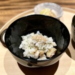 温石 - 煮えばな 金鱈 (ひげ鱈) 揚げた海老芋 (磐田) ほうれん草 太刀魚と蕪の葉のまぜご飯