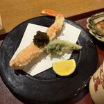 おかもと - 越前蟹、こごみの天ぷら、キャビア