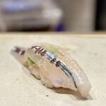 すしやのたい悟 - サヨリ。たい悟では初めてお目にかかりましたサヨリちゃん(ﾉ◕ヮ◕)ﾉ*.✧淡白ながら引き締まった身の食感、大葉との相性もGOODです♬.*ﾟ