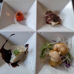 中華バルSAISAI。 - 前菜4種（中華味付プチトマト、ホタルイカ、水餃子、海老唐揚）