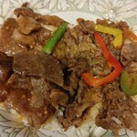 お肉の専門店 スギモト - こちらは、左側が焼肉弁当、右側がプルコギ弁当のハーフ&ハーフの半分ずつ盛り付けたものです。両方気になったので、２つ買いました。やっぱりお肉が美味しいのです。冷めてもお肉が柔らかいです。