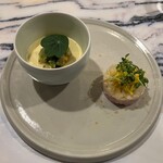 filo - 蕪とムール貝、サフランのスフォルマート　帆立とボタン海老、京大根のタルタル