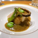 おかもと - 淀大根と堀川牛蒡と白甘鯛の炙りに吉野餡をかけたもの