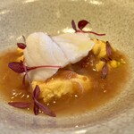 283481959 - 余市産あんこう　
                        肝を使った洋風の茶碗蒸し
                        梅干しソース（野菜出汁）　あんこうの身（蒸し）
                        