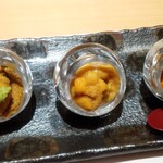 鮨 博多まつもと - うに食べ比べ(ムラサキウニ・塩水バフンウニ・バフンウニ)　