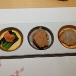 鮨 博多まつもと - 前菜　姫サザエ旨煮・山形雪菜明太子ソース・あん肝・のれそれ・白和え金冠と苺載せ