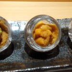 鮨 博多まつもと - うに食べ比べ(ムラサキウニ・塩水バフンウニ・バフンウニ)　