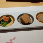 鮨 博多まつもと - 前菜　姫サザエ旨煮・山形雪菜明太子ソース・あん肝・のれそれ・白和え金冠と苺載せ