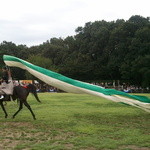 馬事公苑 売店 - スピードが徐々に上がって地面と平行になり、上下させない技を見せます。馬もダクからキャンターには滑らかに移行しますね　（2011 愛馬の日）