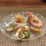 今石飯店 涼華 - 車海老、もやしの湯葉巻き、海月、真鯛、比内地鶏