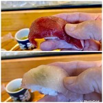 寿司割烹　笑福亭 - 上 鮪赤身
下 勘八(血合は取り除いてる)