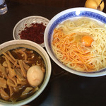 べんてん - 「つけメンマ（1050円）辛味別皿（50円）全卵（50円）麺の上」（味玉サービス）（2014年6月）