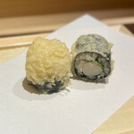 京橋 鮨 好日 - 【凌ぎ】小柱と大葉の海苔巻き揚げ