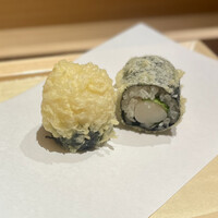 京橋 鮨 好日 - 【凌ぎ】小柱と大葉の海苔巻き揚げ