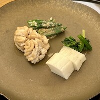 由庵 矢もり - 白子、オクラ、ほうれん草、大根の蕎麦焼酎漬け