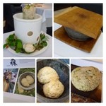 NARISAWA - 最初に発酵途中のパンが出されます。ある程度発酵しましたら各テーブルに石釜が運ばれそこで12分間焼かれます。 
                                パン生地には木の芽が練り込んであり、焼き立てのパンはモチモチ感があり美味しいですよ。 