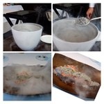 NARISAWA - モクモクとドライアイス煙が立ち上り、、中から「灰状」のものが・・ 
      パブリカなどを炭化させ液体窒素で瞬間冷却した品だそう。それを烏賊にかけられますが面白い演出ですね。 