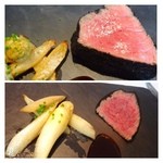 NARISAWA - メインは「牛」でお願いしました。松阪牛と言われたような。 
      6:4で切り分けて頂きました。 