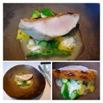 NARISAWA - ◆「金目鯛・グリーンアスパラ・インカのめざめ」 
      金目は皮目がパリッと焼かれていて美味しい。これは唯一ソースが好みではありませんでした。 