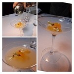 NARISAWA - デザート・・・ソルティドッグと名付けられた品。 
      グラスの中にはグレープフルーツが入っています。 
      そこにスタッフの方が目の前でグレープフルーツジュースとウオッカをシェイクしたものをかけられます。 