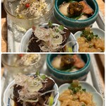 焼鳥割烹しょうちゃん - …ジャガイモのムース・旬のお魚のネギ味噌和え・
無添加の自家製イカ塩辛・牛タンの焼き浸し。