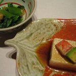 鮨 割烹 福松 - 前菜二品（青菜と峰岡豆腐）