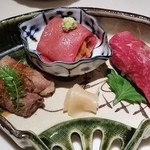 おにく 花柳 - イチボの握り・クラシタ雲丹巻き