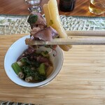 軽井沢リストランテ小林 - 菜の花とホタルイカのショートパスタ、箸上げ