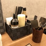  広島のお好み焼き 栞 - 備付け調味料（ソース2種類・マヨネーズ等）