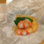 銀座 しのはら - 車海老、数の子の河豚巻き、小柱、菜の花の酢の物が完成