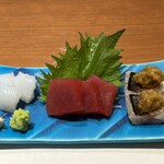 旬菜こかぶ亭 - アカイカ、キハダ、サヨリの炙り焼き茄子味噌のせ