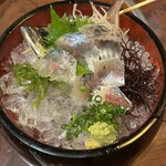 みよし - 【活あじ刺し1320円】CP3.6
            ほんの少し醤油を、、、
            身の大きさは、少し小さめです。弾力、味が良いですね。身の色も「やや黄色く」思えることより、脂が乗った『瀬付きアジ』かな。