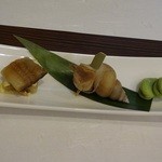 入谷鬼子母神門前のだや - 前菜：鰻の西京焼き、バイ貝の醤油漬け、そら豆