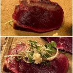 たでの葉 - 天然鴨たたき
      薬味は生姜と葱、スプラウト