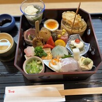 祇園ゆやま - くみ上げゆば　鰆味噌幽庵焼き　鯛松風　明太子チーズ　桜麩煮　桜鯛の造り　レモン豆腐　鴨ロース　手まり寿司・・・など