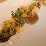 アニエルドール - 牛テールのテリーヌ　南瓜ムースとミモレットと紫マスタード添え