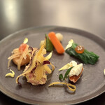 KAPPO TSUGUMOMO  門前仲町 - 前菜五品、ニラお浸しウズラの黄身、干柿とクリームチーズなど