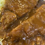 桐半 - 食べやすく予めカットされたカツにかけられたカレールーをズームで