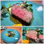 Refugeforestiere 五島 - ＊先ほどの魚料理もですけれど、お肉の火入れも秀逸ですね。 適度なサシで柔らかく旨味を感じ、とても美味しいステーキ。 蕗の薹の軽い苦みを感じるソースと甘みを感じる人参ペーストを合わせられるのも流石です