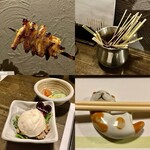 純・懐石焼鳥 串焼ちゃぼ蔵 - 「焼鳥コース（税込￥3,300）」【焼物】のアップ③、最終的な串入れ、「ちゃぼ太郎の福笑い（福笑い前）」、かわいい猫の箸置き